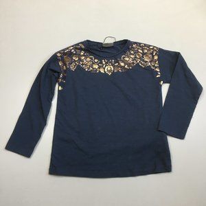NWOT ZARA Girls Coll Blue Rose Gold Foil Floral Print Long Sleeve Shirt